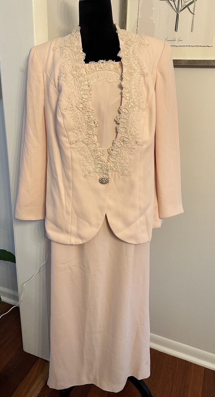 Vintage Nahdree Victor Costa Suit Pink Dress & Jacket Set Embellished Lace 14W